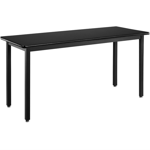 A National Public Seating black steel science lab table with black legs and a black rectangular top.