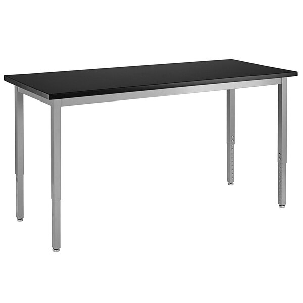 A grey rectangular table with silver legs.