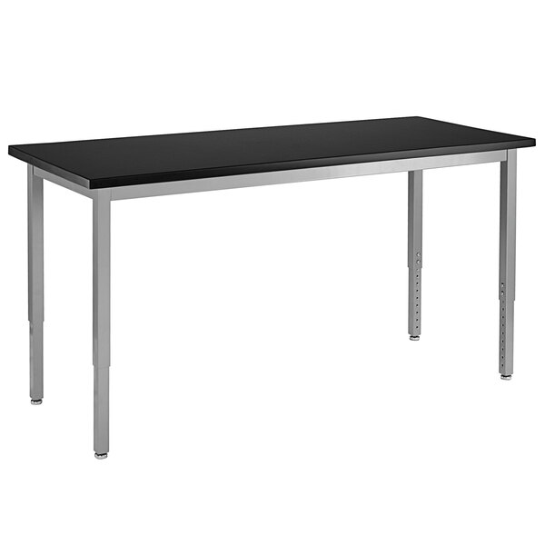 A grey rectangular table with silver legs.