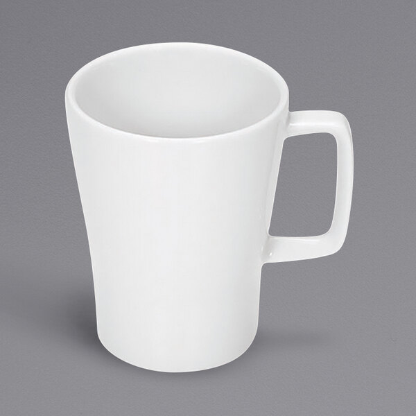 A Bauscher bright white mug with a handle.