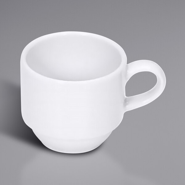 A Bauscher bright white espresso cup with a handle.