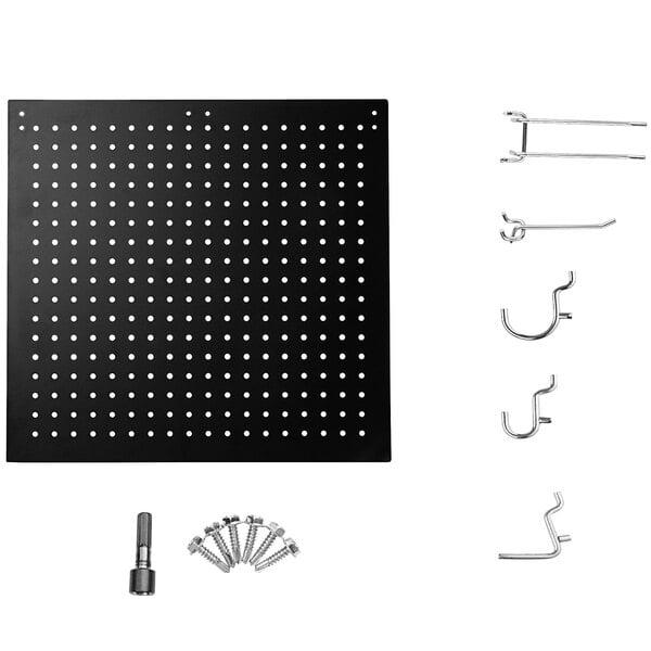 A black National Public Seating pegboard with various hooks in the holes.