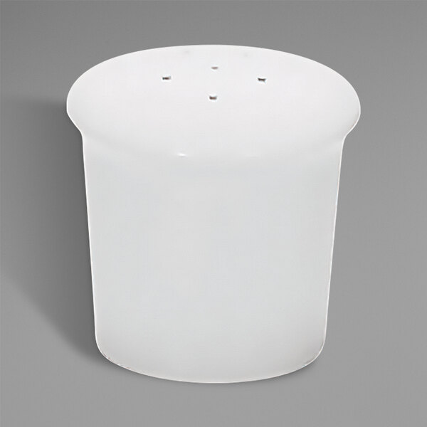 A white porcelain salt shaker with a white background.