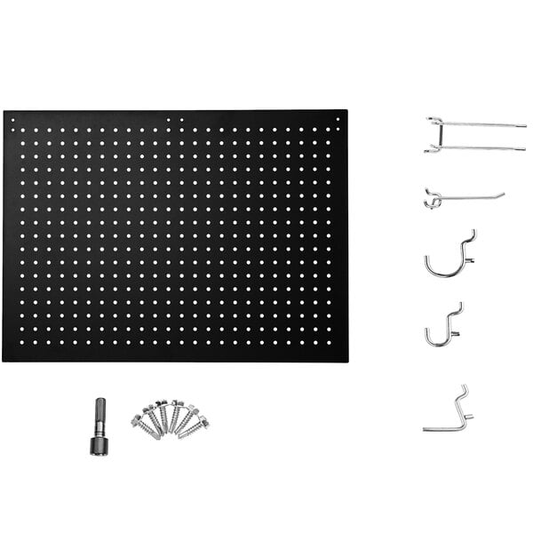 A black National Public Seating pegboard with many small holes and hooks.