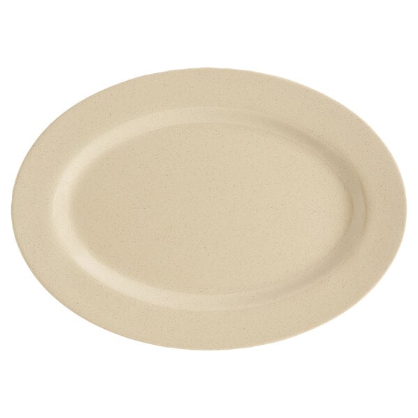 A white oval sandstone platter with a round edge.
