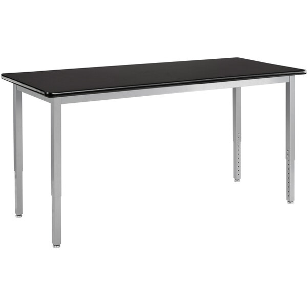 A black rectangular National Public Seating science lab table with silver legs.