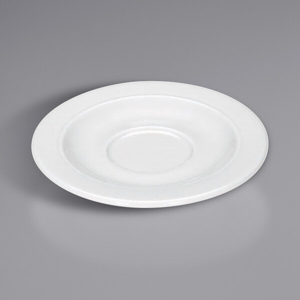 A Bauscher bright white porcelain saucer with a circular edge.