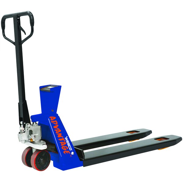 A Wesco blue and black hand pallet truck.