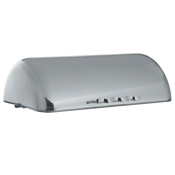 A silver rectangular Vollrath Somerville chafer cover with a curved edge.