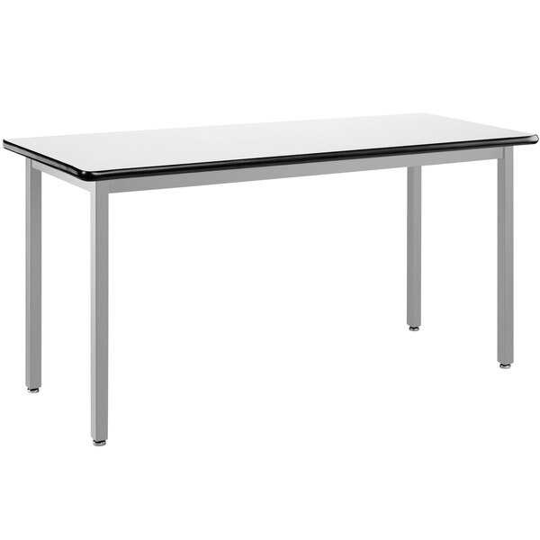 A white National Public Seating utility table with a black edge and gray metal frame.