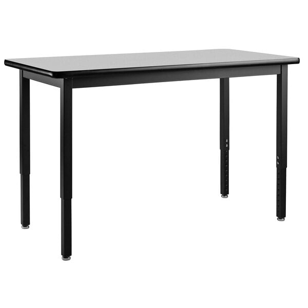 A black National Public Seating lab table with black rectangular legs.