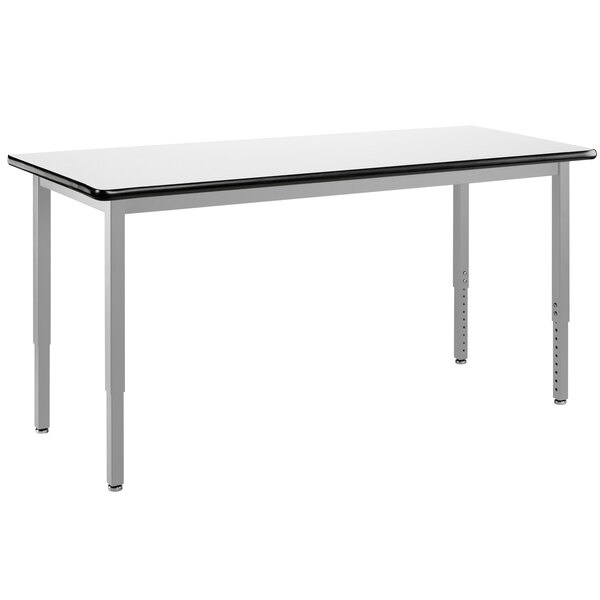 A white rectangular National Public Seating utility table with black edges and legs.