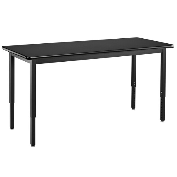 A black National Public Seating heavy-duty height adjustable rectangular lab table with black legs.