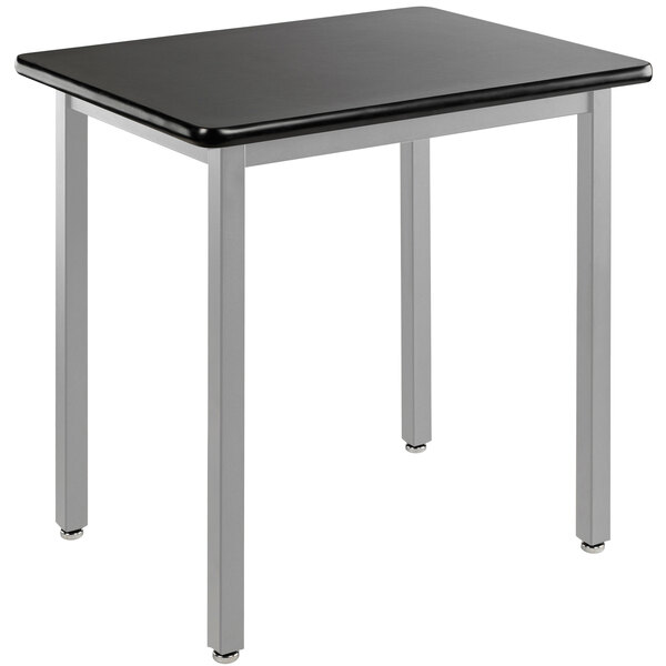 A rectangular black National Public Seating utility table with a gray frame and black top and silver legs.