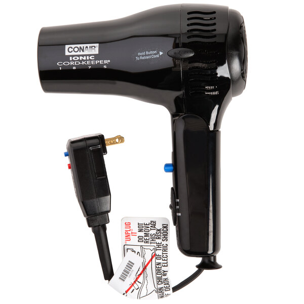 A black Conair hair dryer with a cord.