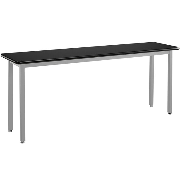 A long black National Public Seating utility table with gray legs and a black top.