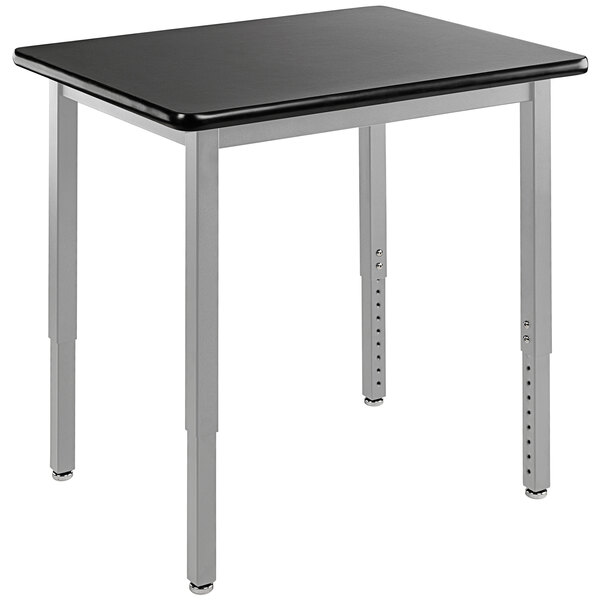 A black square National Public Seating utility table with a gray metal base and legs.