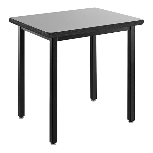 A black square National Public Seating utility table with legs.