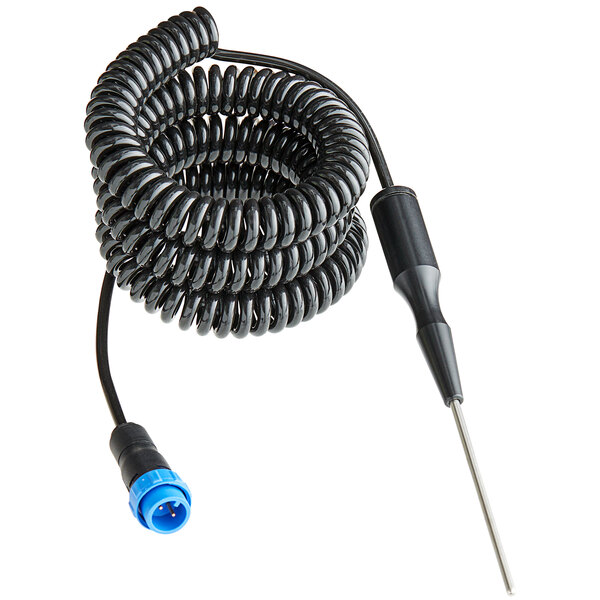 A coiled black food probe with a blue cap.