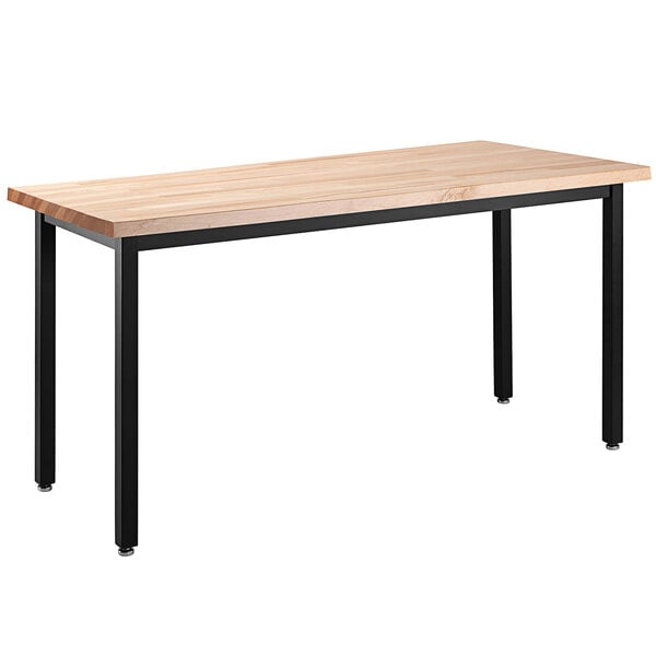 A National Public Seating seminar table with a maple butcher block top and black legs.