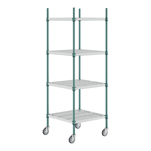 Regency+ 24" x 24" Green Epoxy Polymer Drop Mat 4-Shelf Kit with 64" Posts and Casters