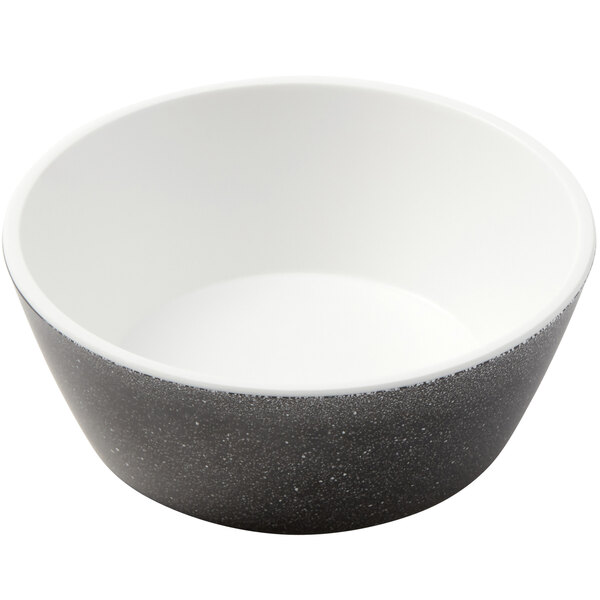 An American Metalcraft melamine bowl with a white speckled surface and circular black border.