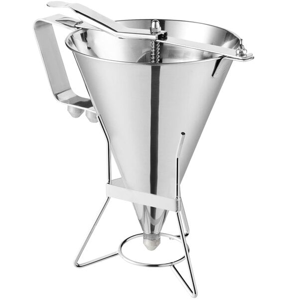 A stainless steel Choice confectionary dispenser funnel with a handle.