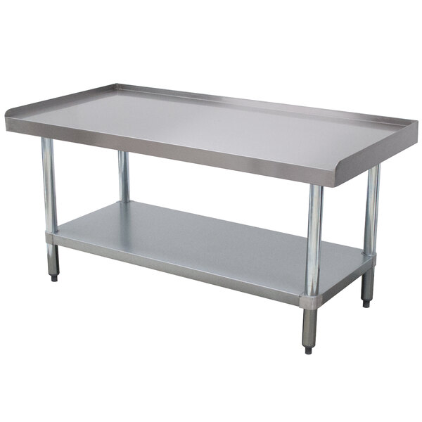 A stainless steel Advance Tabco equipment stand with a galvanized undershelf.
