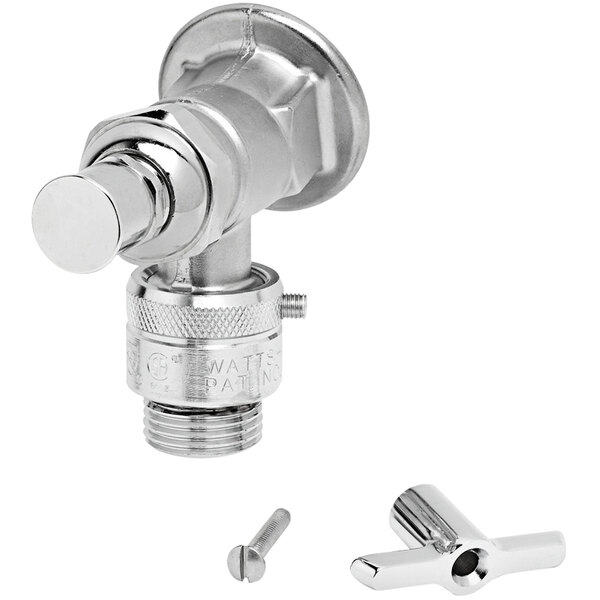 A T&S stainless steel wall mount mop sink faucet with a metal valve, tee handle, and vacuum breaker.