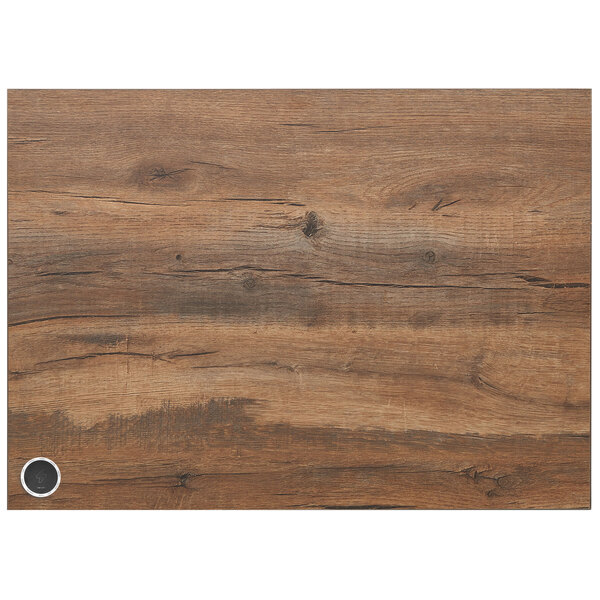 A knotty pine rectangular BFM Seating table top with a wood grained surface.