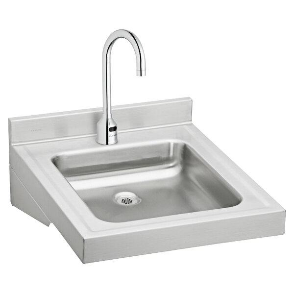 An Elkay stainless steel wall hung lavatory sink with a faucet.