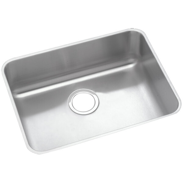 A stainless steel Elkay single bowl sink with a hole in the middle.