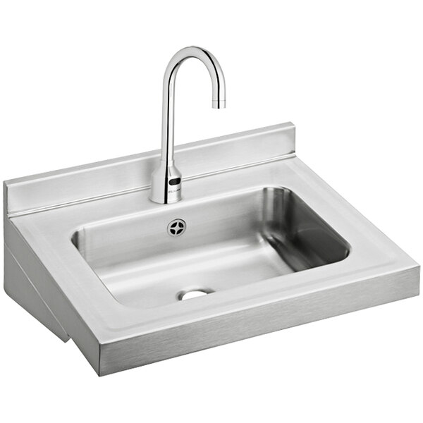 A stainless steel Elkay wall hung bathroom sink with a faucet.