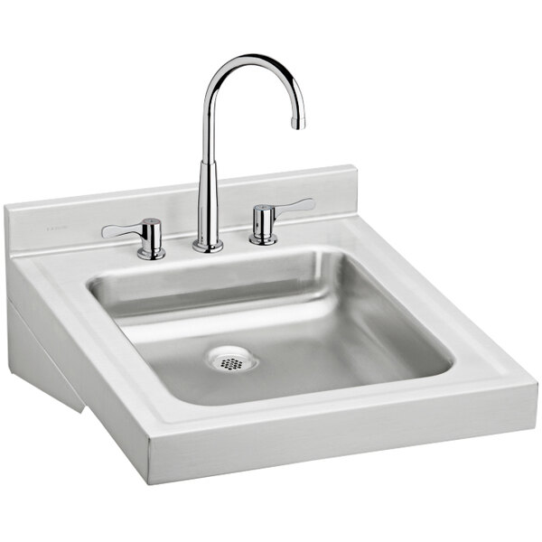 An Elkay stainless steel wall hung sink with a faucet.