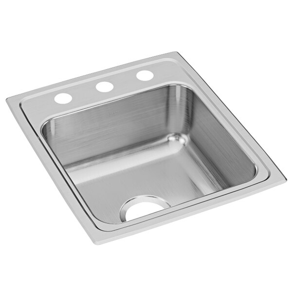 A stainless steel Elkay single bowl sink with three faucet holes on a counter.