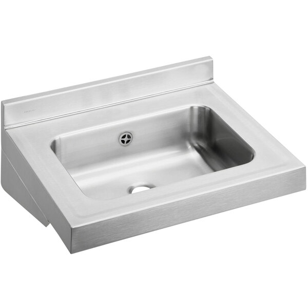 An Elkay stainless steel wall hung ADA lavatory sink with a drain and overflow hole.