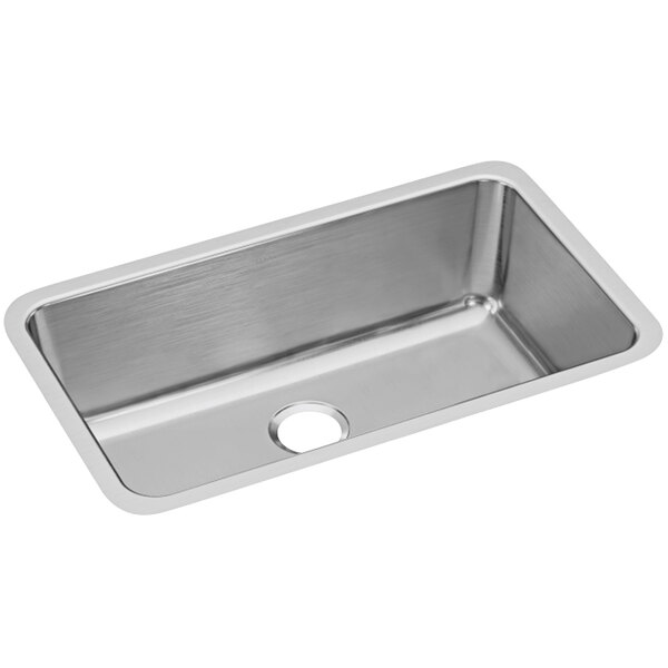 A close-up of an Elkay stainless steel sink bowl.