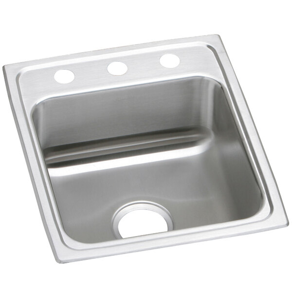 An Elkay stainless steel single bowl sink with three faucet holes.