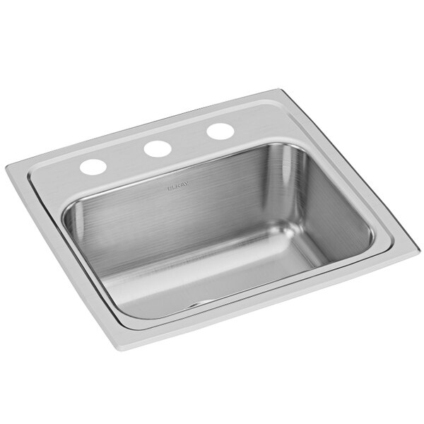 An Elkay Lusterstone single bowl stainless steel sink with three faucet holes.