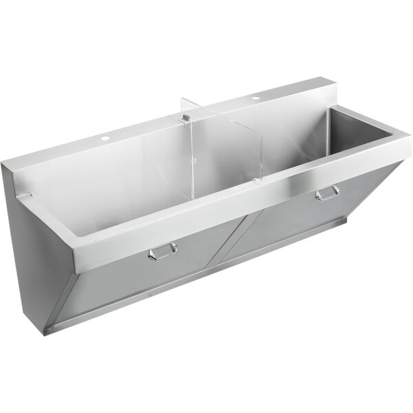 An Elkay stainless steel wall hung double bowl surgeon scrub sink.