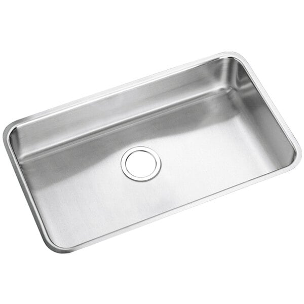 An Elkay stainless steel undermount sink with a hole in the middle.