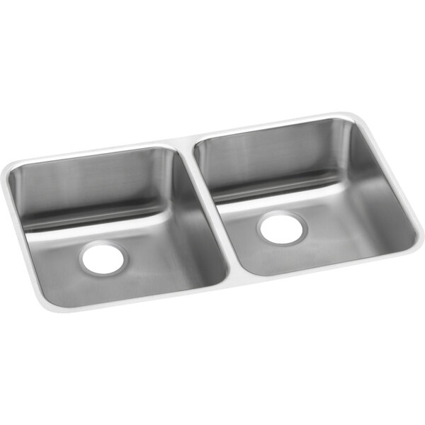 A close-up of a stainless steel Elkay double sink with two bowls.