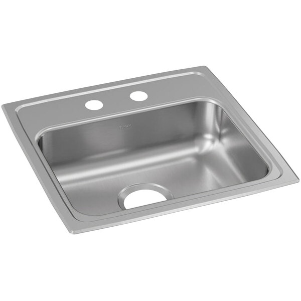 A silver Elkay stainless steel sink with two faucet holes.