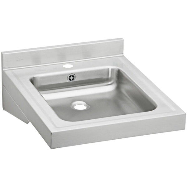 An Elkay stainless steel walk hung lavatory sink with a square bowl and overflow assembly with one faucet hole.