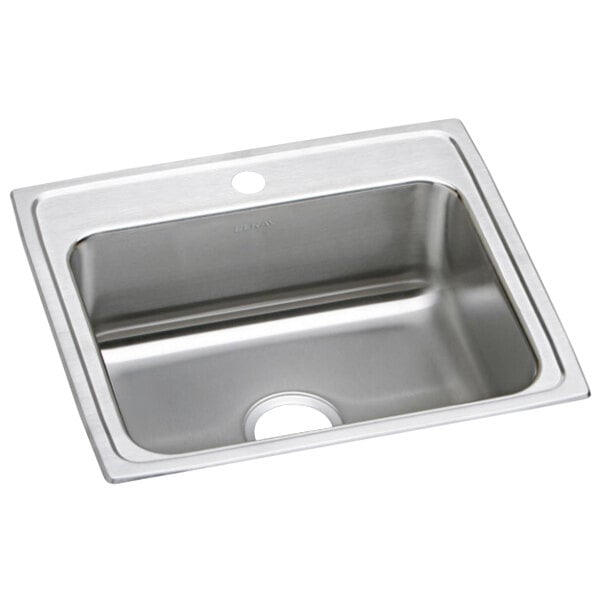 An Elkay stainless steel drop-in sink with one faucet hole.