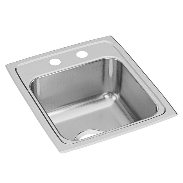 A stainless steel Elkay single bowl drop-in sink with two faucet holes.