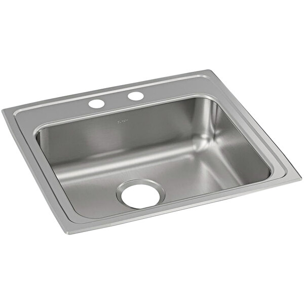 A silver Elkay stainless steel sink with two faucet holes.
