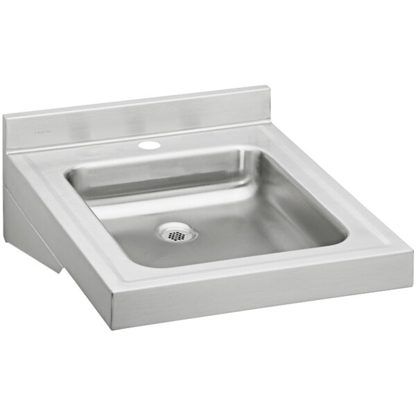 An Elkay stainless steel walk hung single bowl lavatory sink with a drain and one faucet hole.