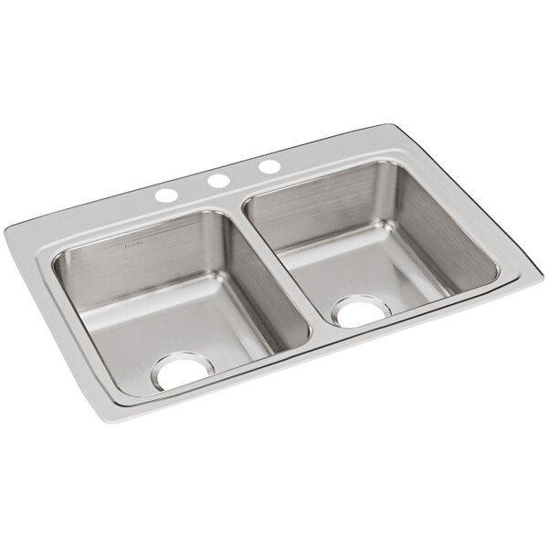 A stainless steel Elkay double drop-in sink with three faucet holes on a counter.