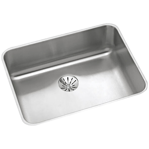 A stainless steel Elkay sink with a Perfect Drain on a counter.